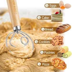 Pack of 2 Danish Dough Whisk, Kitchen Baking Flour Mixing Tool for Sourdough, Bread, Flour Paste, Butter, Pancake, Pizza, Cake, Pastry, Biscuits, Wooden Handle Stainless Steel Ring