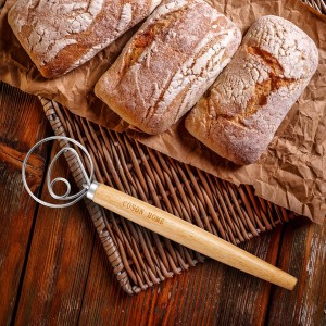 Pack of 2 Danish Dough Whisk, Kitchen Baking Flour Mixing Tool for Sourdough, Bread, Flour Paste, Butter, Pancake, Pizza, Cake, Pastry, Biscuits, Wooden Handle Stainless Steel Ring