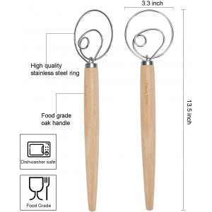 Pack of 2 Danish Dough Whisk, Kitchen Baking Flour Mixing Tool for Sourdough, Bread, Flour Paste, Butter, Pancake, Pizza, Cake, Pastry, Biscuits, Wooden Handle Stainless Steel Ring