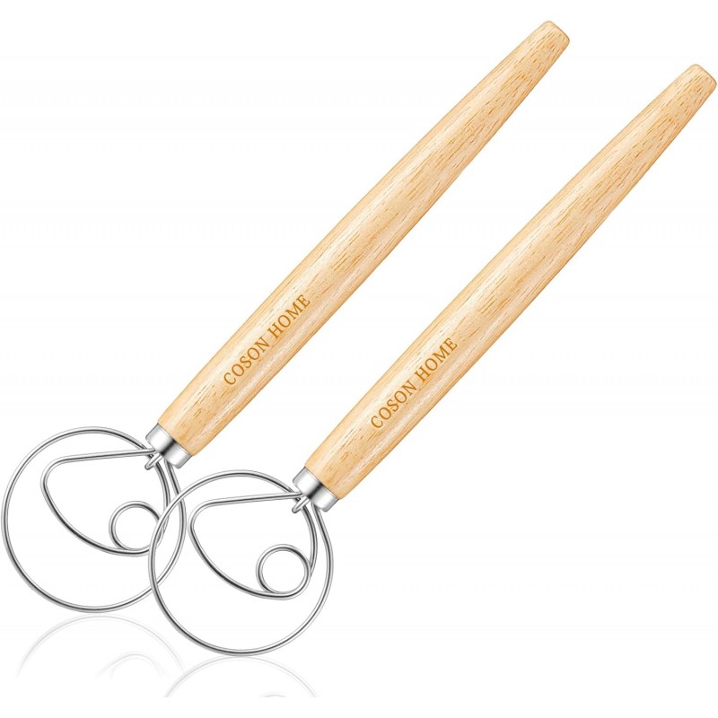 Pack of 2 Danish Dough Whisk, Kitchen Baking Flour Mixing Tool for Sourdough, Bread, Flour Paste, Butter, Pancake, Pizza, Cake, Pastry, Biscuits, Wooden Handle Stainless Steel Ring