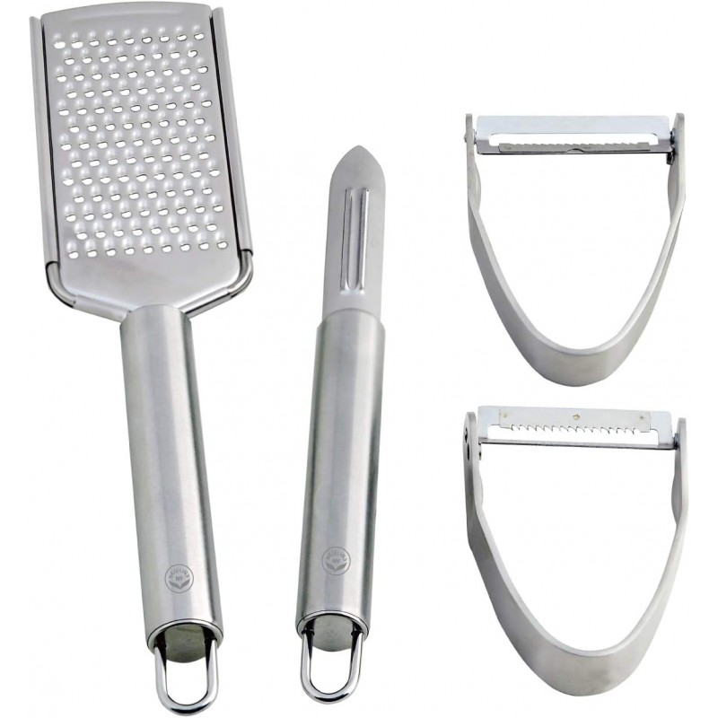NewlineNY Stainless Steel Kitchen Tools: Veggie Fruit Shredder Slicer Grater Peeler, 4 Pcs Set: 1 Straight 1 Julienne Peeler 1 Cheese Vegetable Grater 1 Traditional