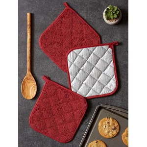 DII Basic Terry Collection Quilted 100% Cotton, Potholder, Barn Red, 3 Piece