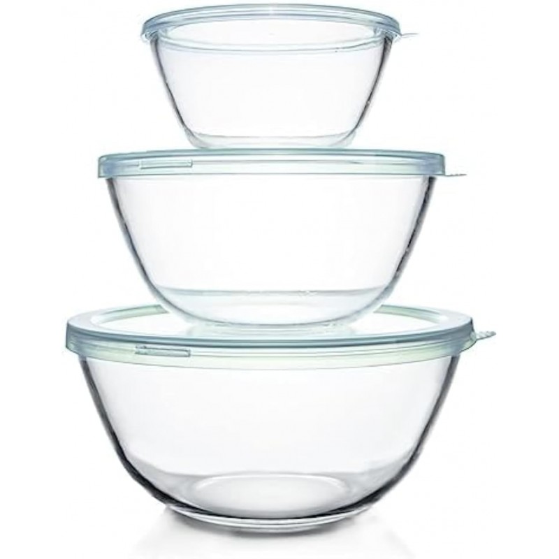 Luvan Glass Mixing Bowls with Lids Set(4.5QT, 2.7QT, 1.1QT)-Large Glass Mixing Bowls, Clear Salad Bowl for Baking, Cooking, Serving, Food Prep, 3PC Nesting Bowls for Kitchen Storage & Dishwasher Safe