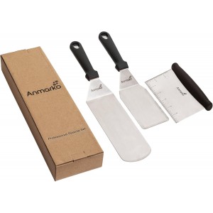 Metal Spatula Stainless Steel and Scraper - Professional Chef Griddle Spatulas Set of 3 - Heavy Duty Accessories Great for Cast Iron BBQ Flat Top Grill Skillet Pan - Commercial Grade