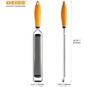 Deiss PRO Lemon Zester & Heavy Duty Cheese Grater & Vegetable Grater - Parmesan Cheese Lemon, Garlic, Nutmeg, Chocolate, Fruits, Vegetables, Ginger Grater - Cheese Shredder & Stainless Steel Grater