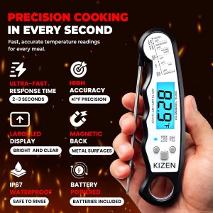 KIZEN Instant Read Meat Thermometer Digital - Food Thermometer for Cooking, Grill, Oven, BBQ - IP67 Rated Waterproof - Large Backlit Display and Magnetic Back
