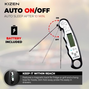 KIZEN Instant Read Meat Thermometer Digital - Food Thermometer for Cooking, Grill, Oven, BBQ - IP67 Rated Waterproof - Large Backlit Display and Magnetic Back