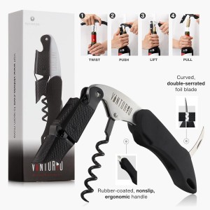 Vintorio Professional Waiters Corkscrew - Wine Key with Ergonomic Rubber Grip, Beer Bottle Opener and Foil Cutter (1 Pack)