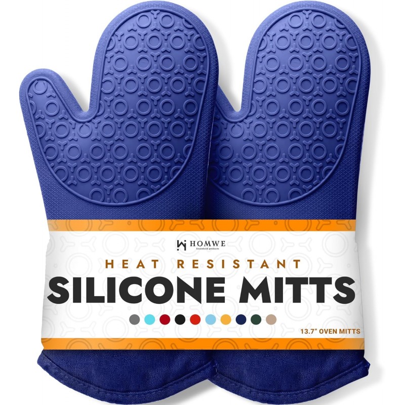 BPA-Free Soft Silicone Oven Mitts - Ultra Heat Resistant Oven Mitts with Thick Cotton Liner - Long Slip Resistant Pot Holders, Flexible Oven Gloves - Royal Blue 13.7