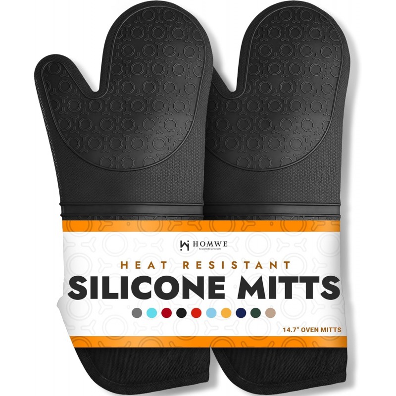 BPA-Free Silicone Oven Mitts Ultra Heat Resistant up to 500°F - Oven Mitts with Thick Cotton Liner - Long Slip Resistant Pot Holders, Flexible Oven Gloves - Black 14.7
