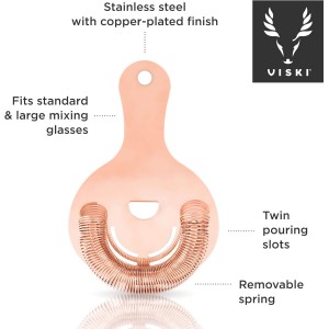 Viski Hawthorne Cocktail Strainer, Stainless Steel Bar Strainer with Copper Finish for Standard and Large Mixing Glasses, Boston Shakers and Shaker Tins, Home Bar Essentials, Bartender Tool, Set of 1