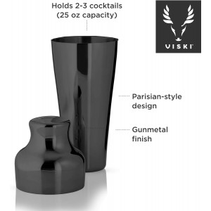 Viski Parisian Cocktail Shaker for Cold Brew Cocktails, Margarita, Espresso Martini, Contoured High Shine Polished Stainless Steel Martini Shaker, Home Bar, Bartender Gifts, 25 oz, Set of 1, Black
