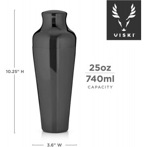 Viski Parisian Cocktail Shaker for Cold Brew Cocktails, Margarita, Espresso Martini, Contoured High Shine Polished Stainless Steel Martini Shaker, Home Bar, Bartender Gifts, 25 oz, Set of 1, Black
