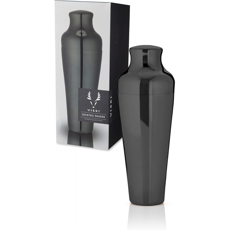 Viski Parisian Cocktail Shaker for Cold Brew Cocktails, Margarita, Espresso Martini, Contoured High Shine Polished Stainless Steel Martini Shaker, Home Bar, Bartender Gifts, 25 oz, Set of 1, Black