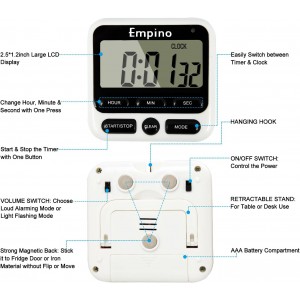 Digital Kitchen Timer - Empino Upgraded 24-Hours Cooking Timer Clock Countdown Multifunction with Big Digits, Loud Alarm, Magnetic Backing Stand, and Memory for Cooking Baking Exercise, White