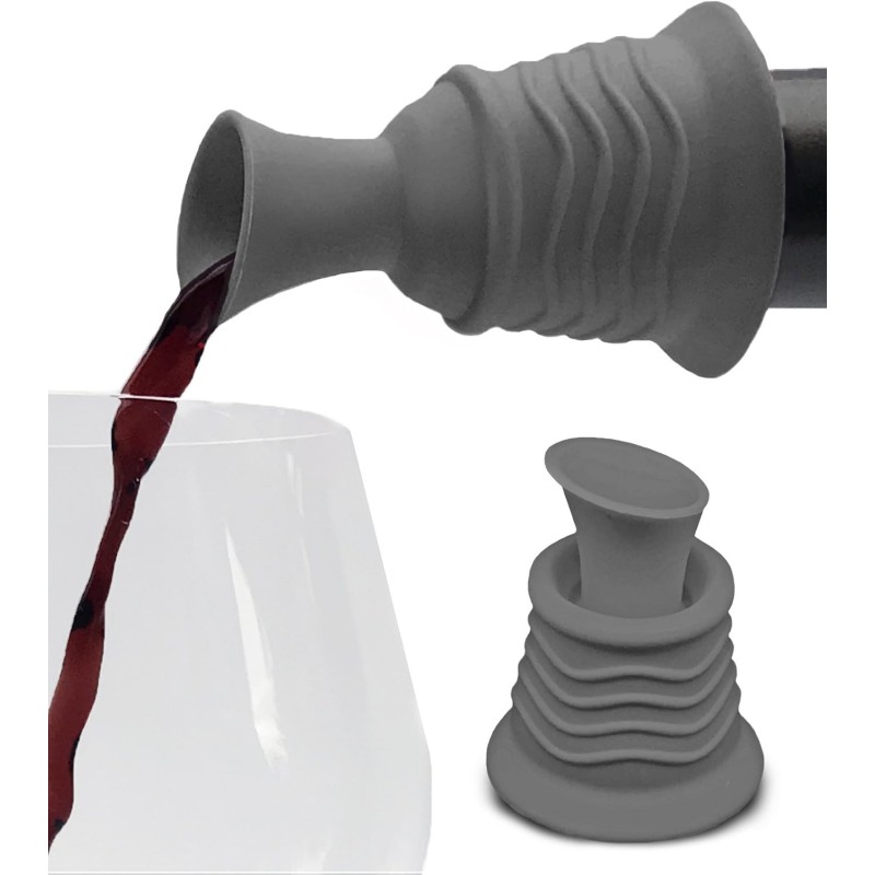 Simply Charmed Wine Stopper and Pourer – Gray Silicone Two in One Accessory to Serve and Save Wine More Easily
