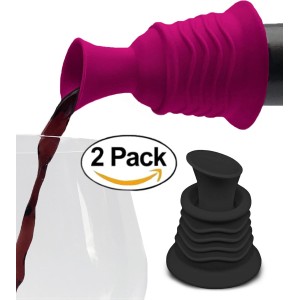 Simply Charmed Wine Stopper and Pourer 2 Pack – Pink and Black Silicone Wine Accessories to Serve Wine More Easily