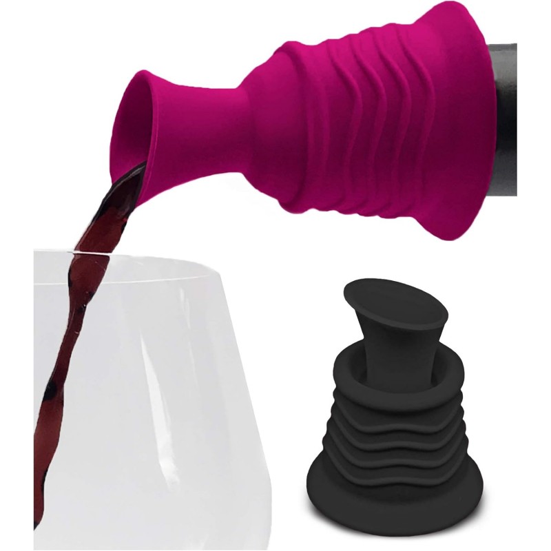Simply Charmed Wine Stopper and Pourer 2 Pack – Pink and Black Silicone Wine Accessories to Serve Wine More Easily
