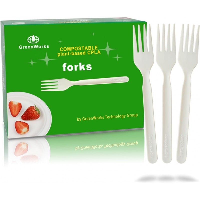 GreenWorks 200 Count Heavy-duty Compostable Forks, BPI Certified Large Disposable Cutlery Flatware Utensils Fork