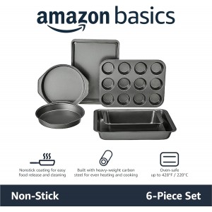 Amazon Basics 6 Piece Nonstick Carbon Steel Bakeware Set with Cake, Muffin, Cookie, and Loaf Pans, Easy Release, Oven Safe, 16.25 x 11.75 x 6.25 inches