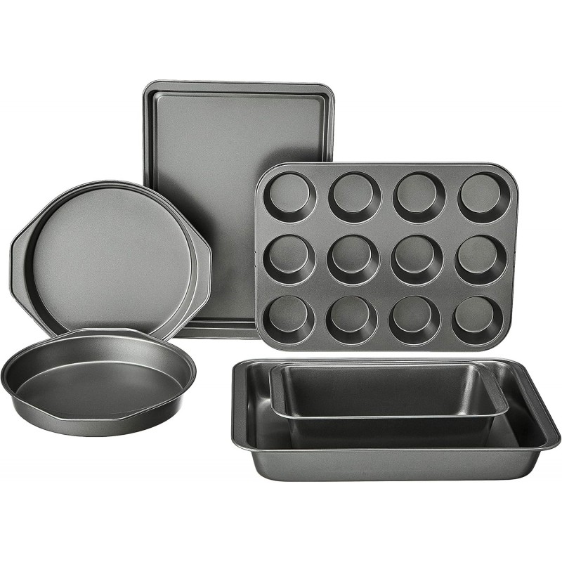 Amazon Basics 6 Piece Nonstick Carbon Steel Bakeware Set with Cake, Muffin, Cookie, and Loaf Pans, Easy Release, Oven Safe, 16.25 x 11.75 x 6.25 inches