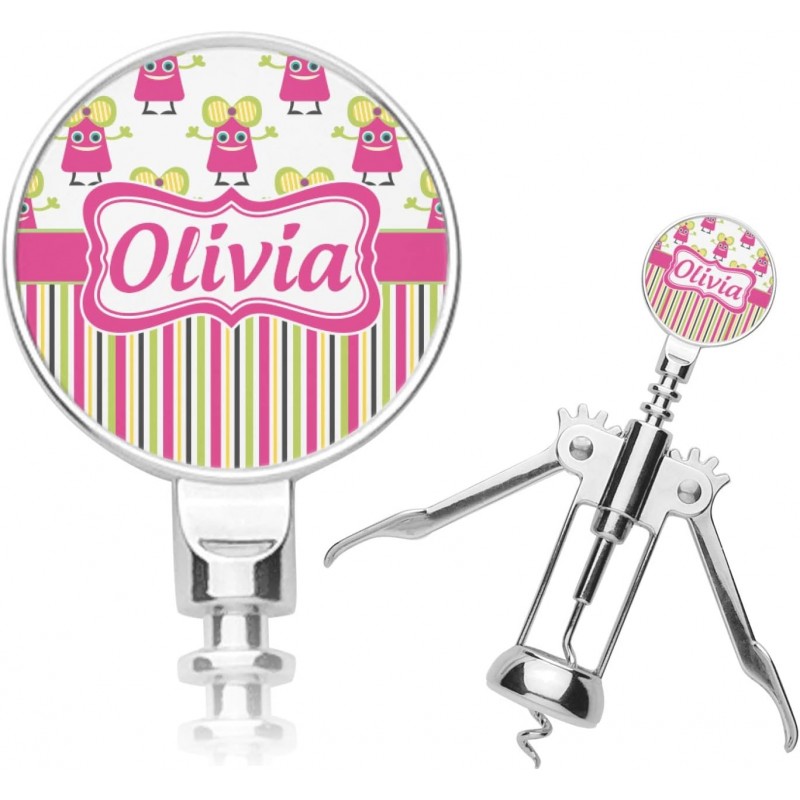 Personalized Pink Monsters & Stripes Corkscrew
