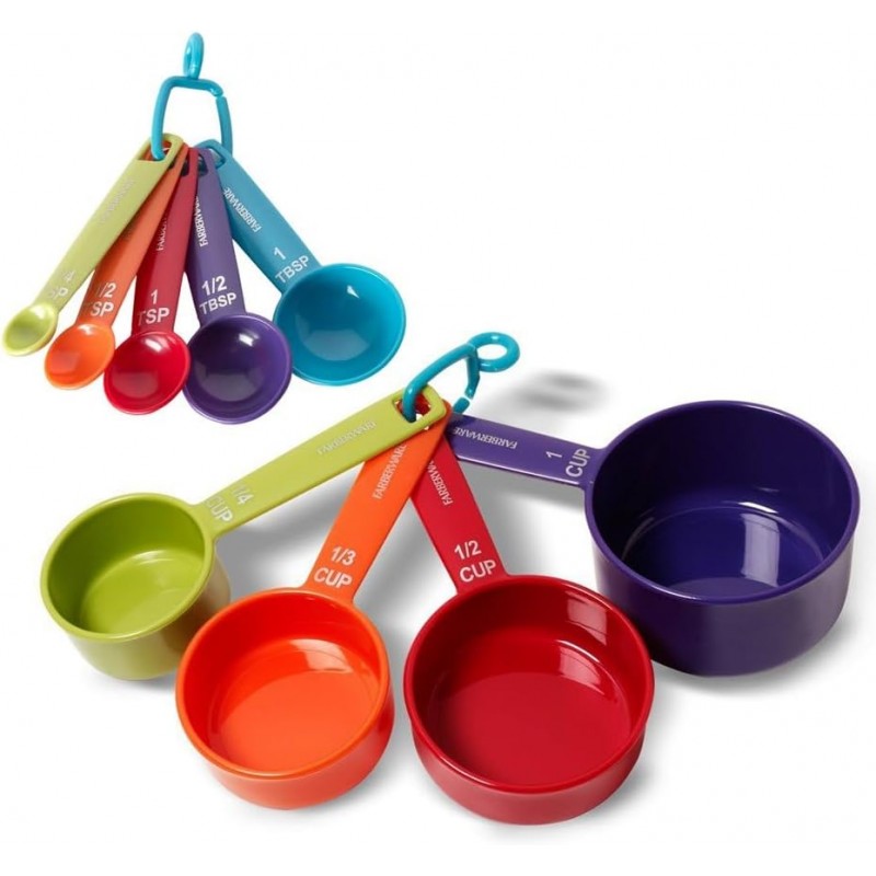 Farberware Kitchen Basics Measuring Cup & Spoon Set – 9-Piece Colorful Nesting Stackable Cups & Spoons with Ring Organizer, Easy-Read Markings for Cooking & Baking, Durable Plastic Kitchen Tools
