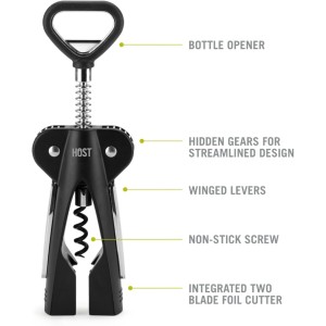 HOST Winged Corkscrew, Non-Stick Worm And Bottle Opener, 2-Blade Foil Cutter