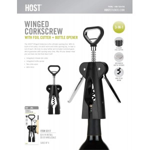HOST Winged Corkscrew, Non-Stick Worm And Bottle Opener, 2-Blade Foil Cutter