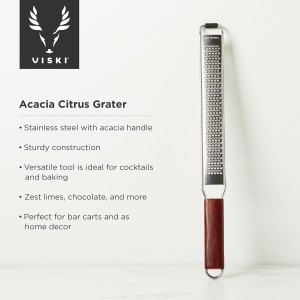 Viski Citrus and Cheese Grater, Stainless Steel Rasp Grater Zester with Acacia Wood Handle for Lemons, Oranges, Nutmeg & Cheese, Elegant Kitchenware for Cocktails, Cooking, & Bartender Gifts, Set of 1