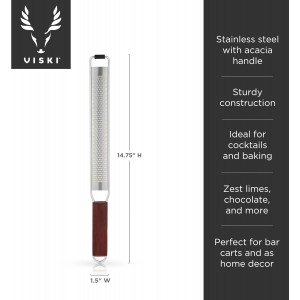 Viski Citrus and Cheese Grater, Stainless Steel Rasp Grater Zester with Acacia Wood Handle for Lemons, Oranges, Nutmeg & Cheese, Elegant Kitchenware for Cocktails, Cooking, & Bartender Gifts, Set of 1