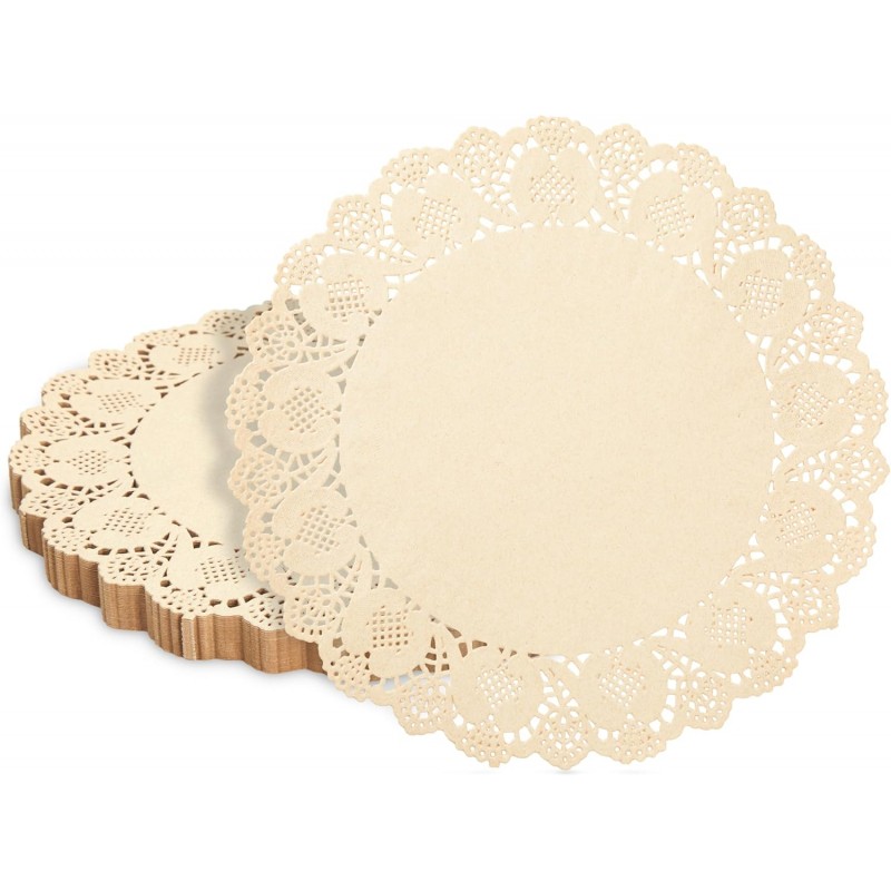 Juvale Paper Placemats - 12-Inch Round, Brown, 250 Count - Disposable Placemats & Lace Doilies - Paper Chargers for Dinner Plates - Tea Party Decorations & Wedding Table Decor