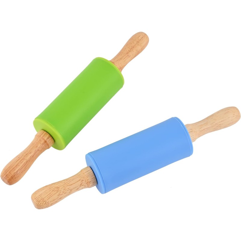 Mini Silicone Rolling Pin for Kids, Non-stick Surface Wood Handle, 9 Inch 2 Pack