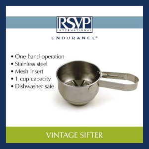 RSVP International Endurance® Stainless Steel Vintage One-Hand Sifter, 1 Cup | Top Cakes, Sift Flour, Marinade BBQ & More | Dishwasher Safe | Powder Sugar, Sift Flour, Spread Toppings & More