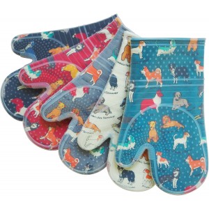 Oven Mitts Set of 2 with Transparent Clear Silicone Shell and Nice Dog Printing Cotton Lining, Heat Resistant to 500 F Kitchen Oven Gloves Pot Holder for Cooking (Blue)