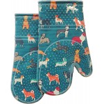 Oven Mitts Set of 2 with Transparent Clear Silicone Shell and Nice Dog Printing Cotton Lining, Heat Resistant to 500 F Kitchen Oven Gloves Pot Holder for Cooking (Blue)