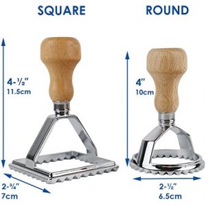Ravioli Maker Cutter Stamps Set Round & Square Shape Ravioli Masker - Large Size Aluminum Press with Wooden Handle and Fluted Edge, Set of 2
