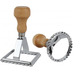 Ravioli Maker Cutter Stamps Set Round & Square Shape Ravioli Masker - Large Size Aluminum Press with Wooden Handle and Fluted Edge, Set of 2