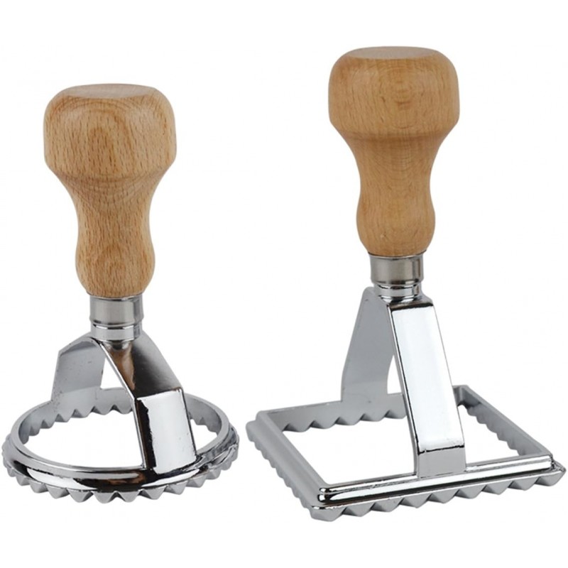 Ravioli Maker Cutter Stamps Set Round & Square Shape Ravioli Masker - Large Size Aluminum Press with Wooden Handle and Fluted Edge, Set of 2