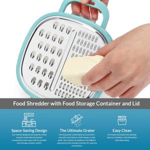 PortoFino Mini Box Grater with Handle, Cheese Grater with Container, 2 in 1 Design for Grating and Storage, Stainless Steel Food Grater with Plastic Storage Container, Dishwasher Safe, Small, Blue