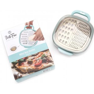 PortoFino Mini Box Grater with Handle, Cheese Grater with Container, 2 in 1 Design for Grating and Storage, Stainless Steel Food Grater with Plastic Storage Container, Dishwasher Safe, Small, Blue