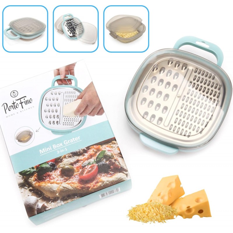 PortoFino Mini Box Grater with Handle, Cheese Grater with Container, 2 in 1 Design for Grating and Storage, Stainless Steel Food Grater with Plastic Storage Container, Dishwasher Safe, Small, Blue