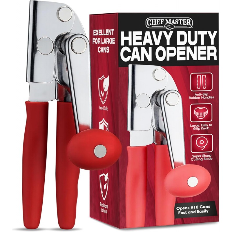 Chef Master Commercial Can Opener Heavy Duty - Manual Hand Crank for Large Cans with Anti-Slip Grip - Stainless Steel Restaurant Can Opener Manual for Seniors, Kitchen, Bars & Food Trucks - 90056
