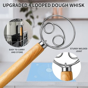 TEEVEA Danish Dough Whisk Stainless Steel Dough Hook Dutch Whisk for Sourdough Bread Mixer Hand with Wooden Handle Kitchen Whisking Mixing Tool Bread Making Tools