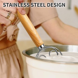 TEEVEA Danish Dough Whisk Stainless Steel Dough Hook Dutch Whisk for Sourdough Bread Mixer Hand with Wooden Handle Kitchen Whisking Mixing Tool Bread Making Tools
