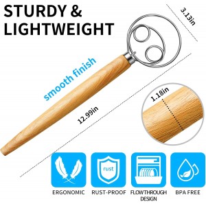 TEEVEA Danish Dough Whisk Stainless Steel Dough Hook Dutch Whisk for Sourdough Bread Mixer Hand with Wooden Handle Kitchen Whisking Mixing Tool Bread Making Tools