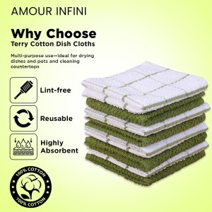 AMOUR INFINI Cotton Kitchen Dish Cloths Set of 8 – Highly Absorbent, Super Soft Premium Terry Cleaning Cloth (12