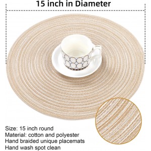 SHACOS Round Placemats Set of 6 Cotton Polyester Braided Place Mats 15 inch Heat Resistant Washable Table Mats for Kitchen Dining Party Natural Table Decor (Beige, 6)