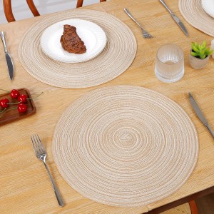 SHACOS Round Placemats Set of 6 Cotton Polyester Braided Place Mats 15 inch Heat Resistant Washable Table Mats for Kitchen Dining Party Natural Table Decor (Beige, 6)