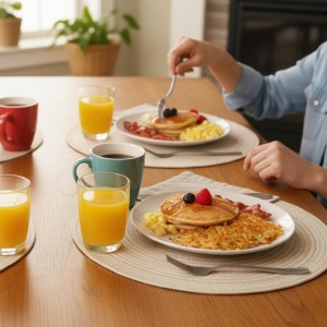 SHACOS Round Placemats Set of 6 Cotton Polyester Braided Place Mats 15 inch Heat Resistant Washable Table Mats for Kitchen Dining Party Natural Table Decor (Beige, 6)